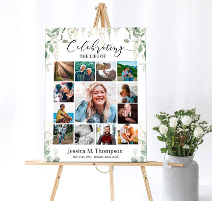 Greenery border with photo collage center poster for funeral service