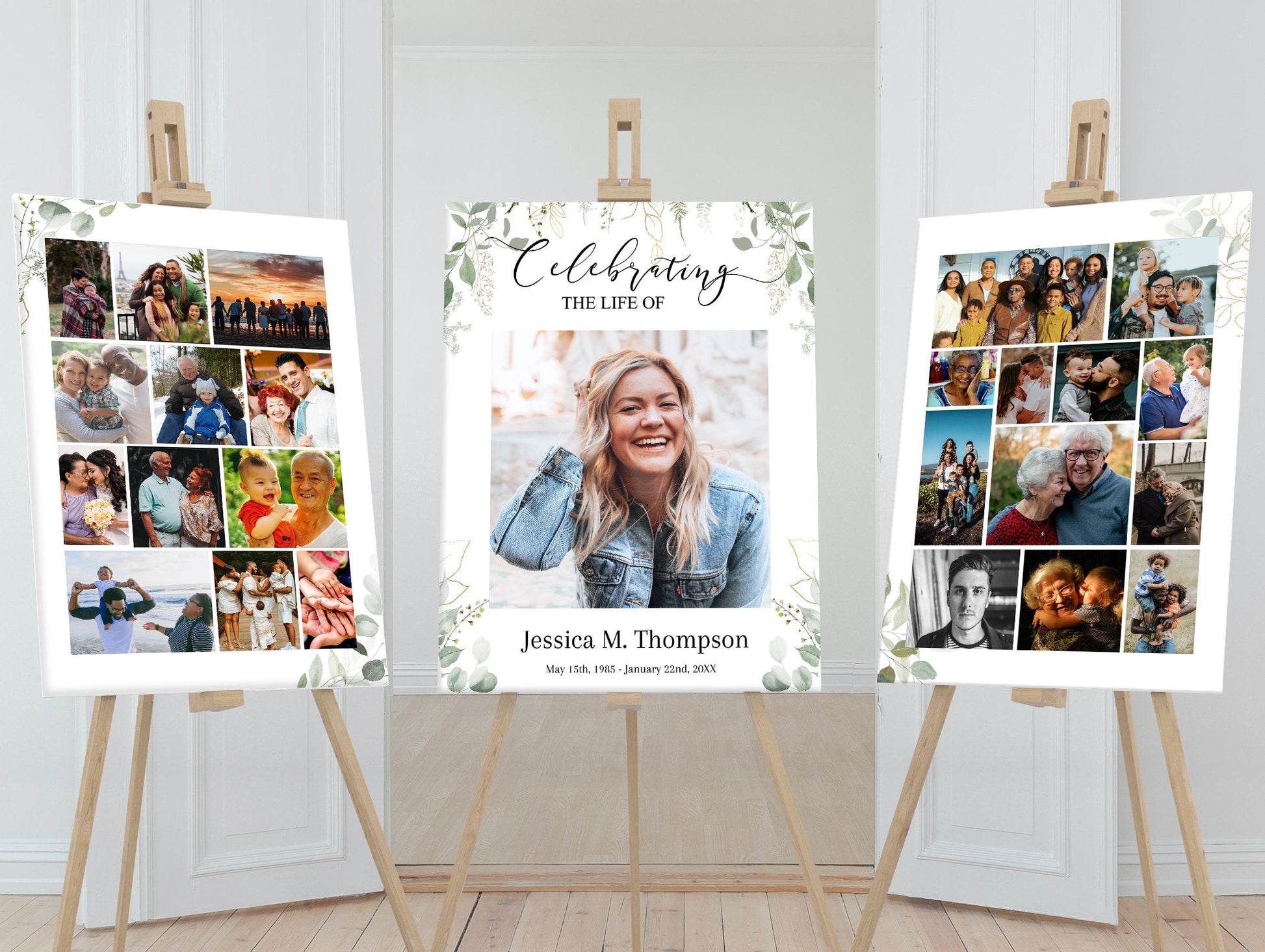 Suddle greenery throughout these 3 posters with photo collages