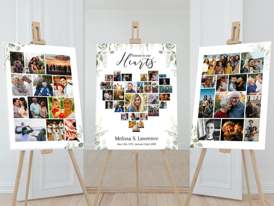 Set of 3 Greenery funeral posters with hearth collage center poster and photo collage side posters
