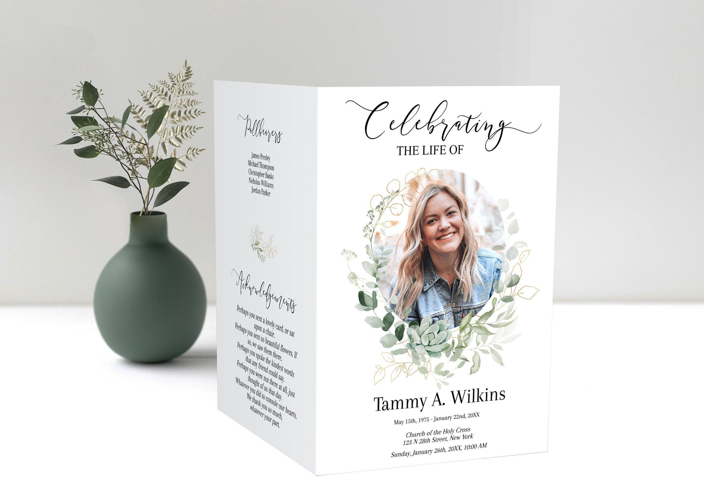 Green and Gold With Circular Photo Funeral Program Template - 8 page