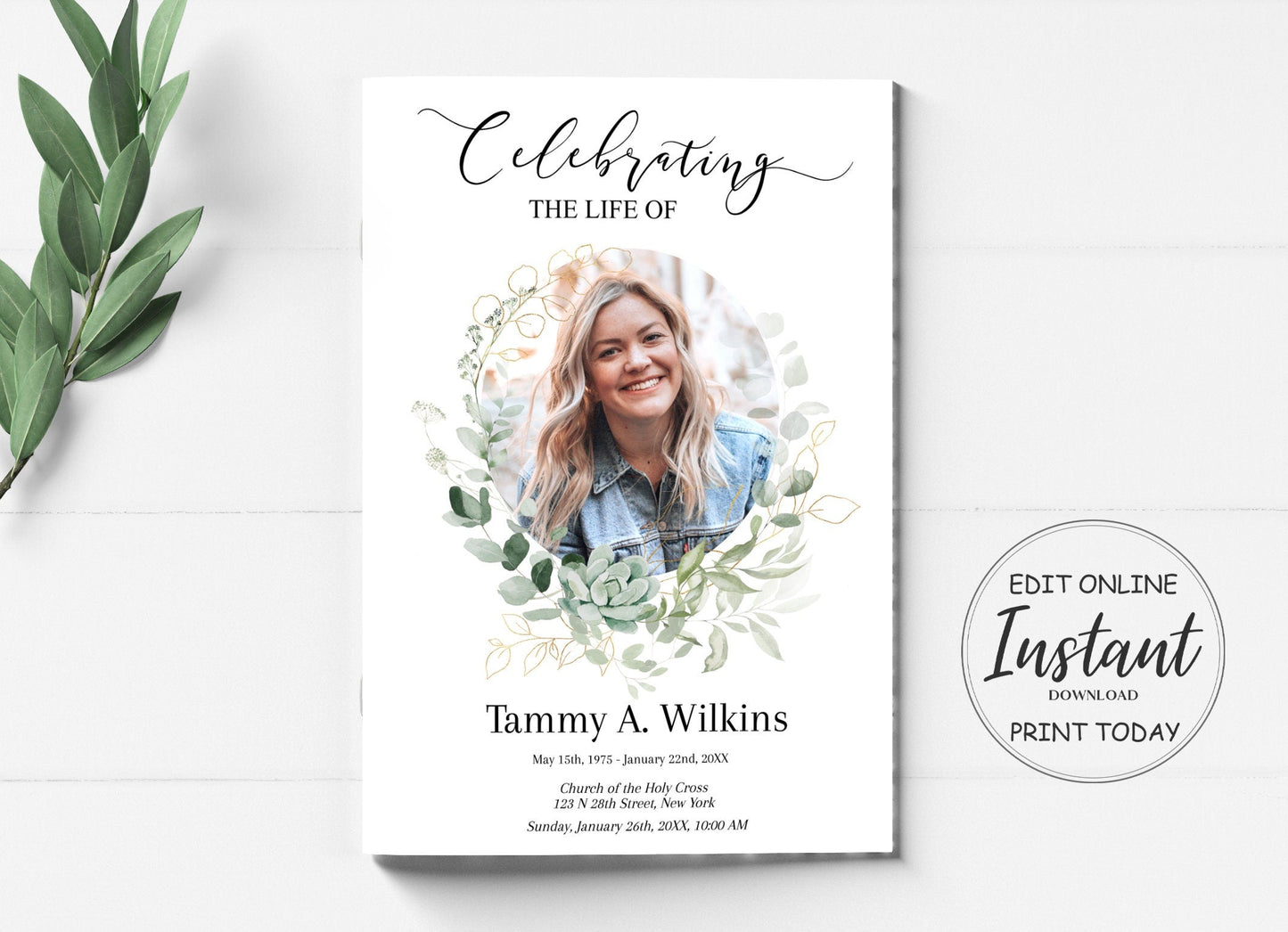 Greenery and Gold Funeral Program Template - 4 Page