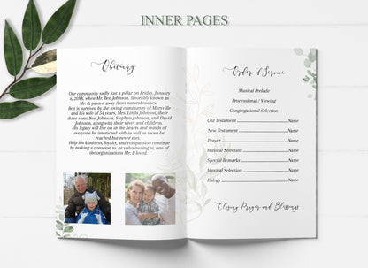 Classy Greenery and Gold Episcopal Funeral Program Template -4 Page