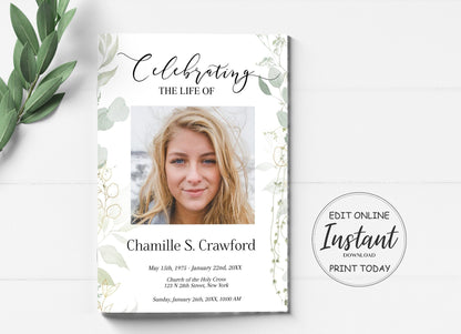 Light greenery on the sides of this funeral program template with large center photo