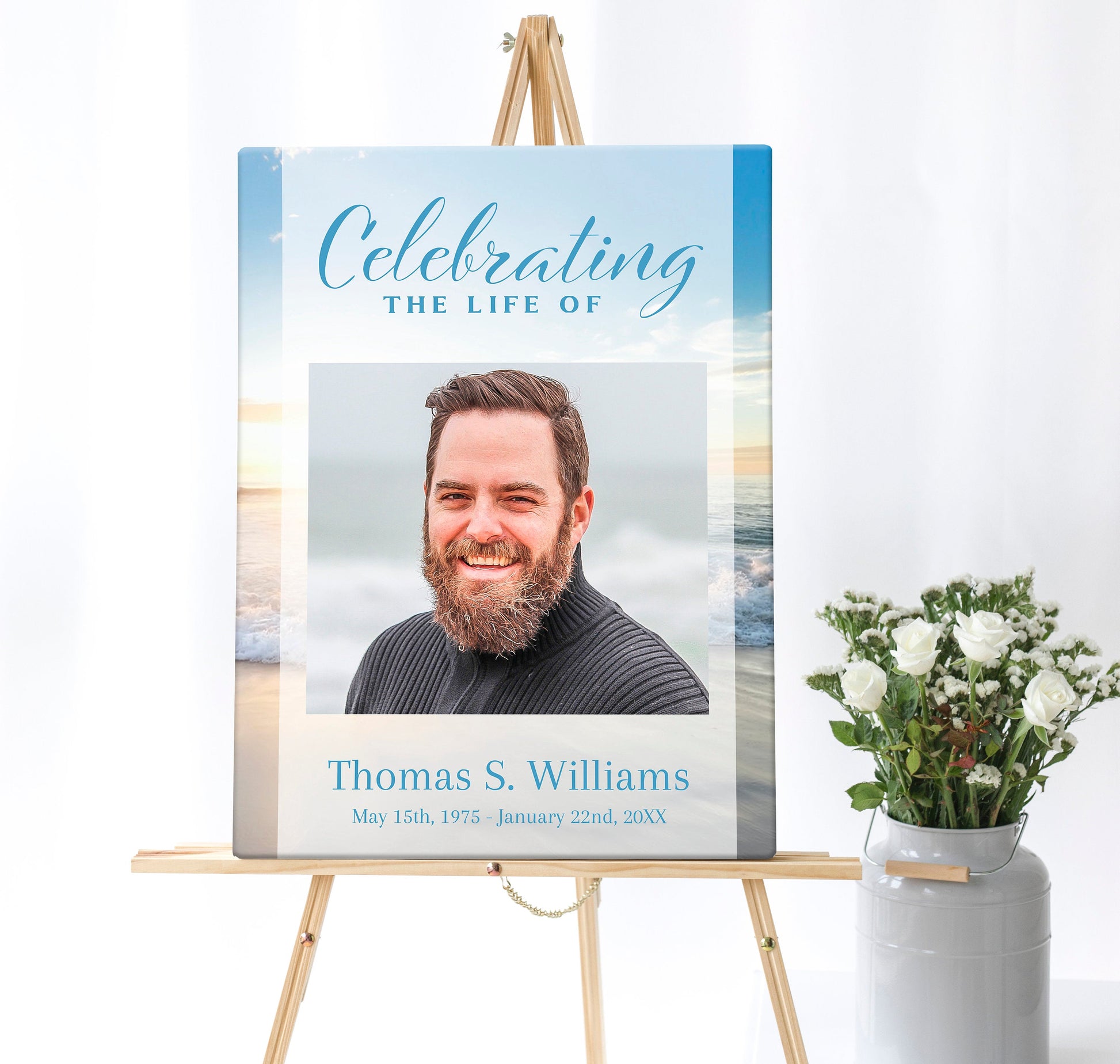 Large funeral memory board poster with beach sunset background