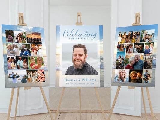 Beach sunsent poster with large photo display designed for funeral service