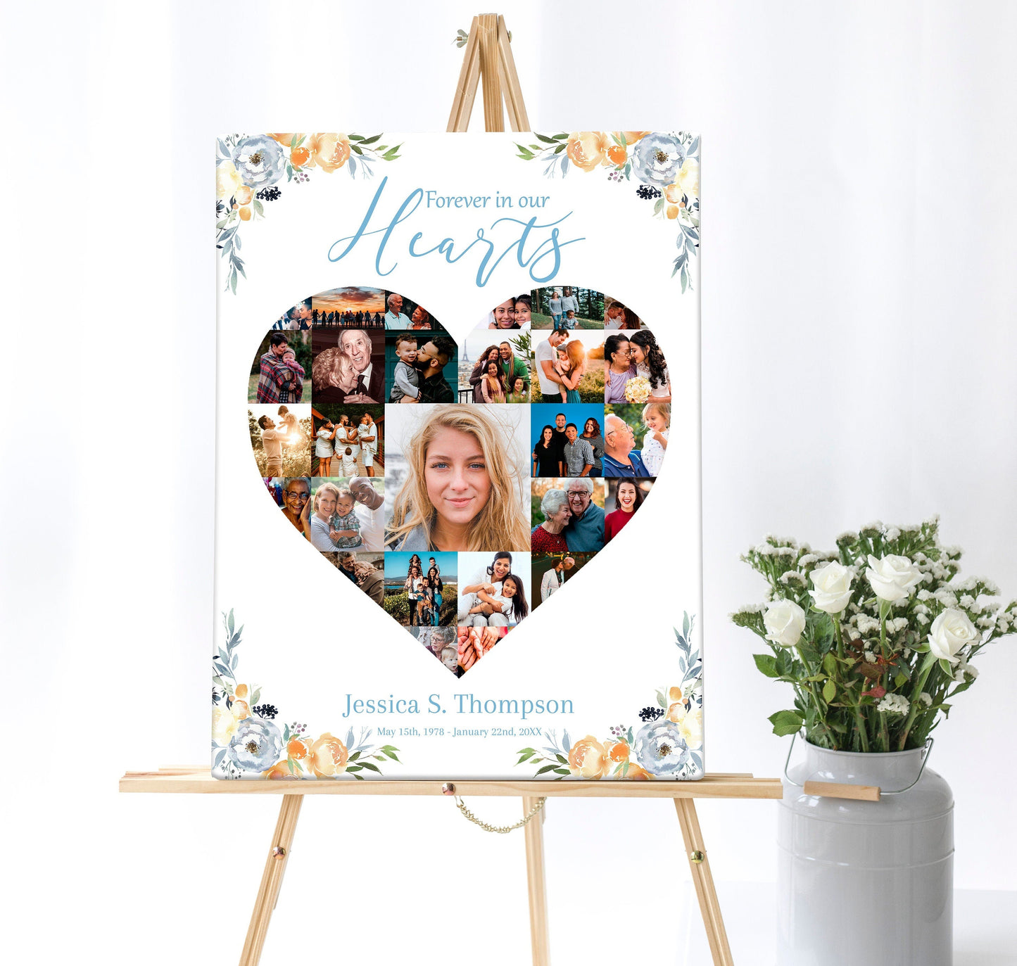 Funeral service memory board template with hearts