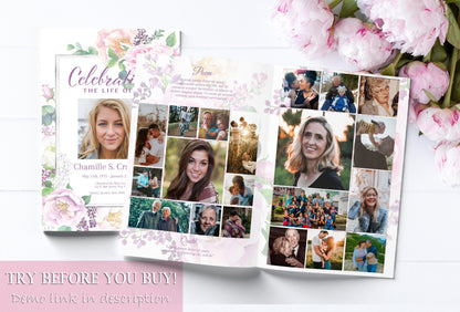 Pink Floral Funeral Program Template For Girl - 8 Page
