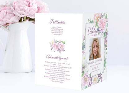 Pink Floral Funeral Program Template For Girl - 8 Page