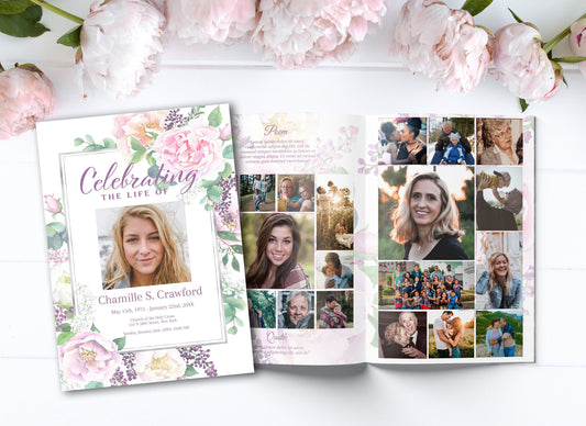 Floral 8 Page funeral program front page and display page with photo collage