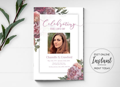 Obituary Template | Funeral Program Template For Woman | Elegant Floral Celebration of Life Program |  B109