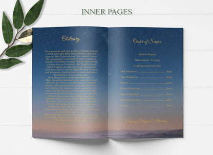 Sunset Sky & Gold Funeral Template Program With Photo Collage - 8 Page