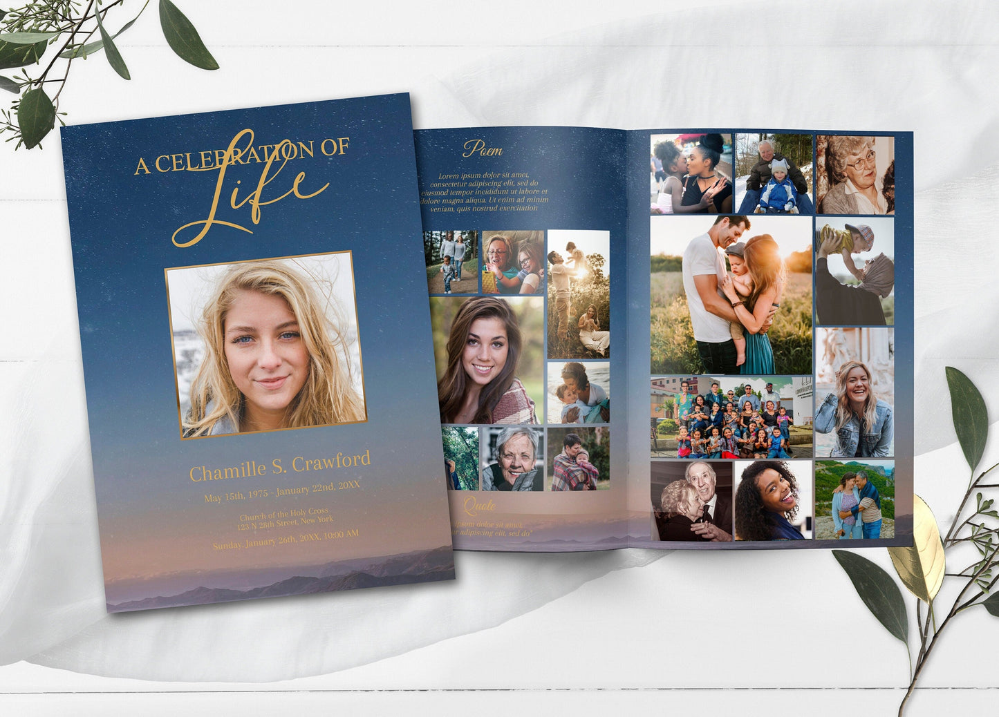 Blue and gold funeral program template with photo collage insert