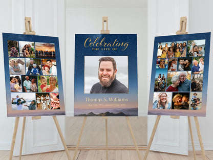 Starry Sky with sunset photo of mountains funeral program posters template with photo collages 
