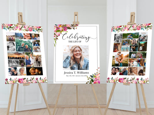 Funeral memory board templates set of 3 with large center photo, and phot collages on side posters.