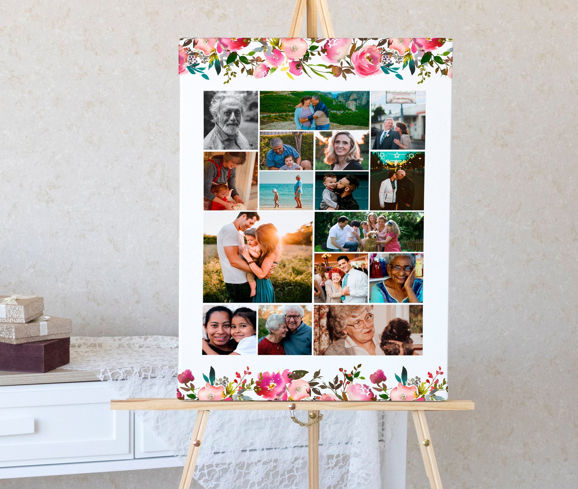 Poster with photo collage and flowers