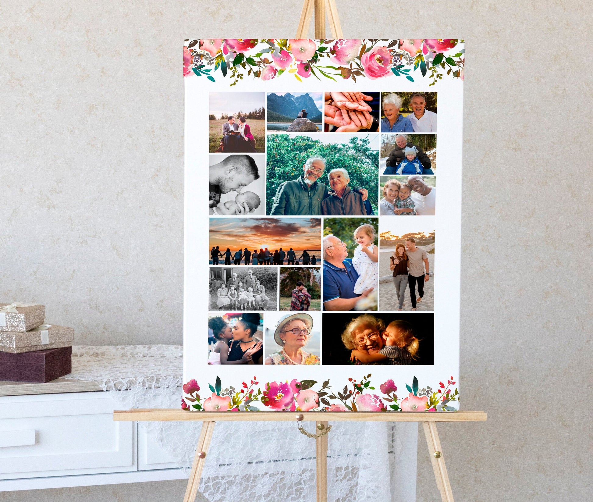 large poster with floral arrangement and photo collage editable