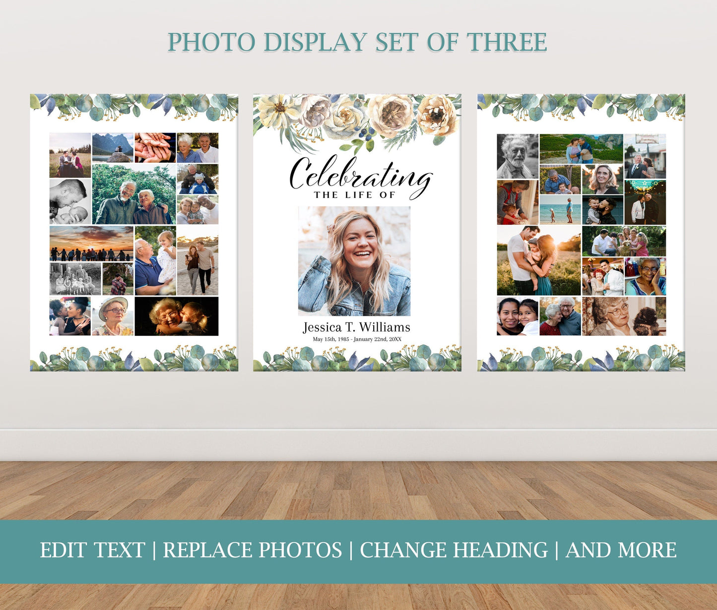 White Roses & Greenery Funeral Memory Board Photo Display - Set of 3