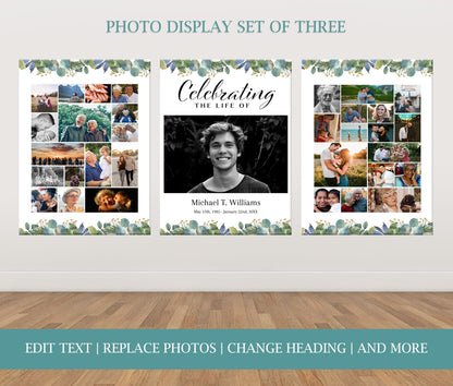 Greenery Funeral Poster Collage With Large Center Photo - Set of 3