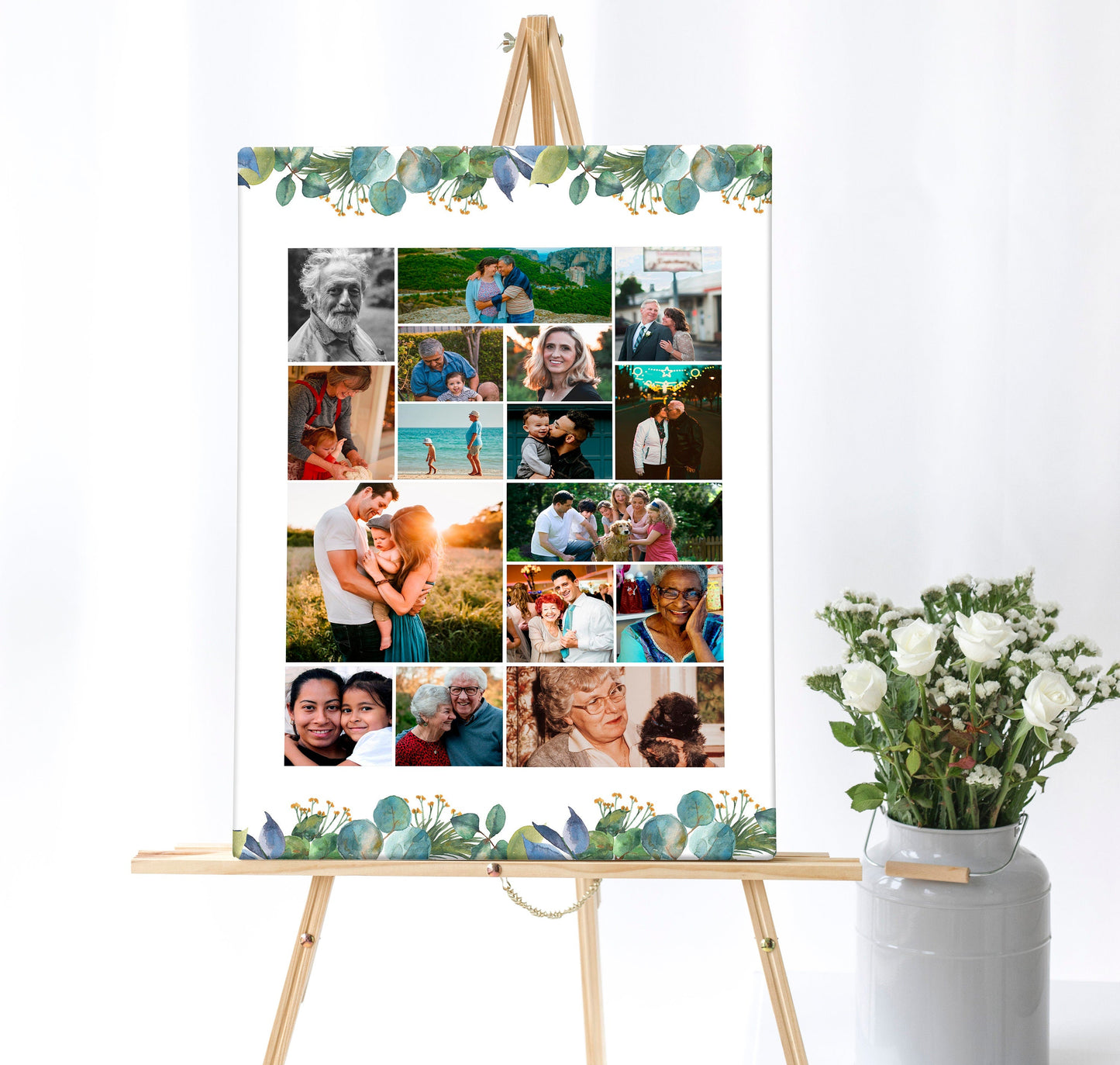 Greenery Funeral Poster Collage With Large Center Photo - Set of 3