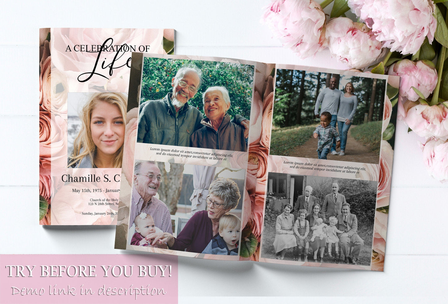 editable funeral program template with pink roses and 4 pictures with quotes inside.