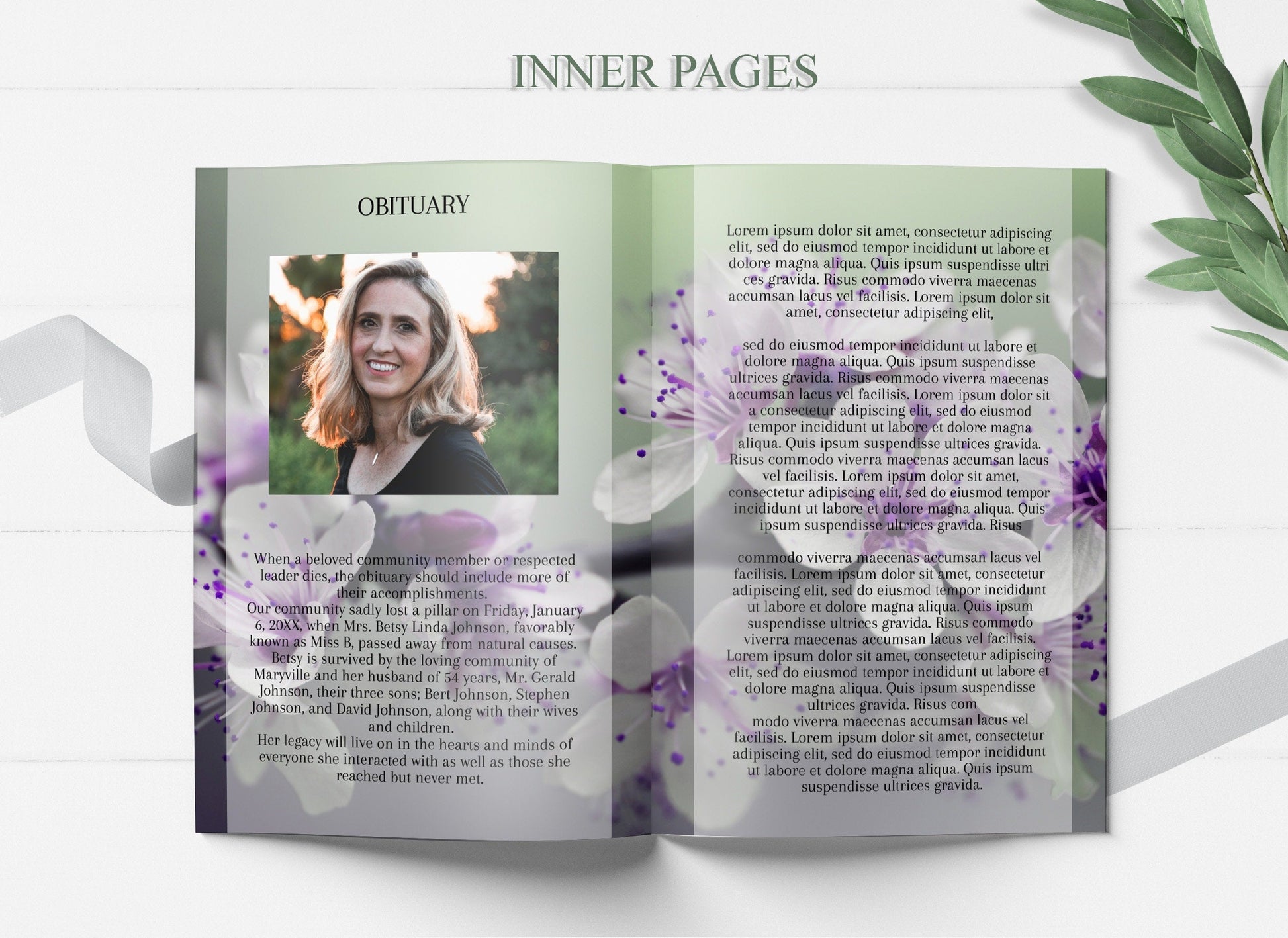 obituary example with photo white and purple themed