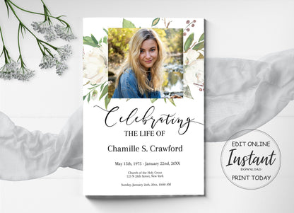 White Roses Obituary Template with  Gold & Greenery - 8 Page