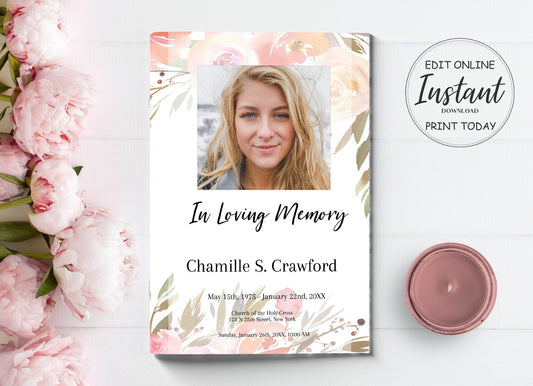 Pink Funeral Program Template for Woman | Obituary Template to Honor Your Loved One | Pink Floral Celebration of Life | A104