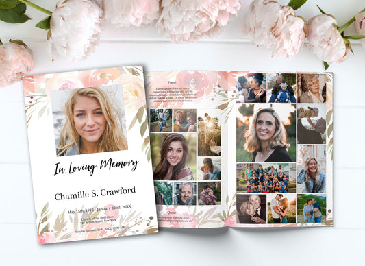 four page funeral program with memory photo collage template