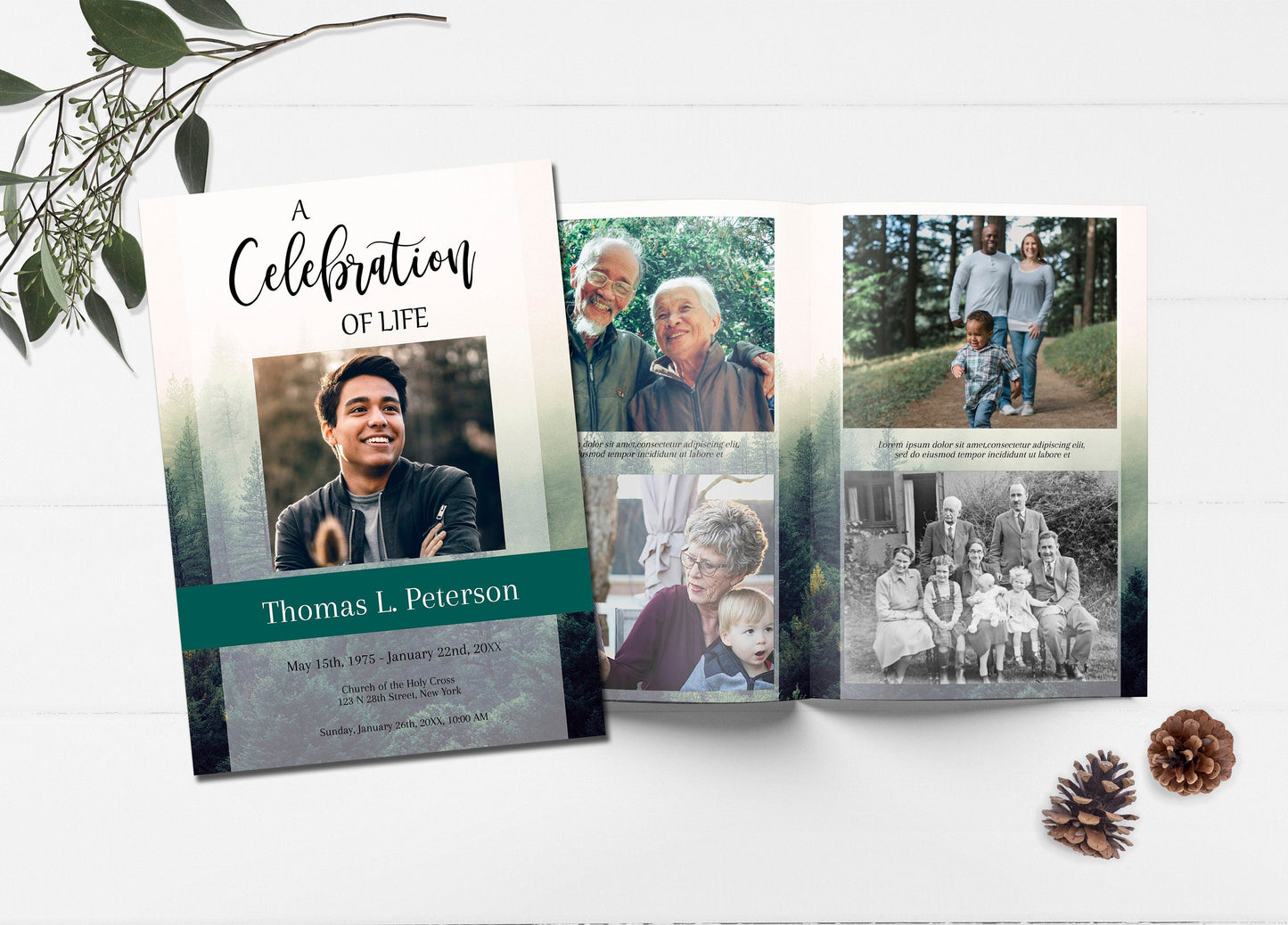 Nature themed funeral program with 4 large memory pictures