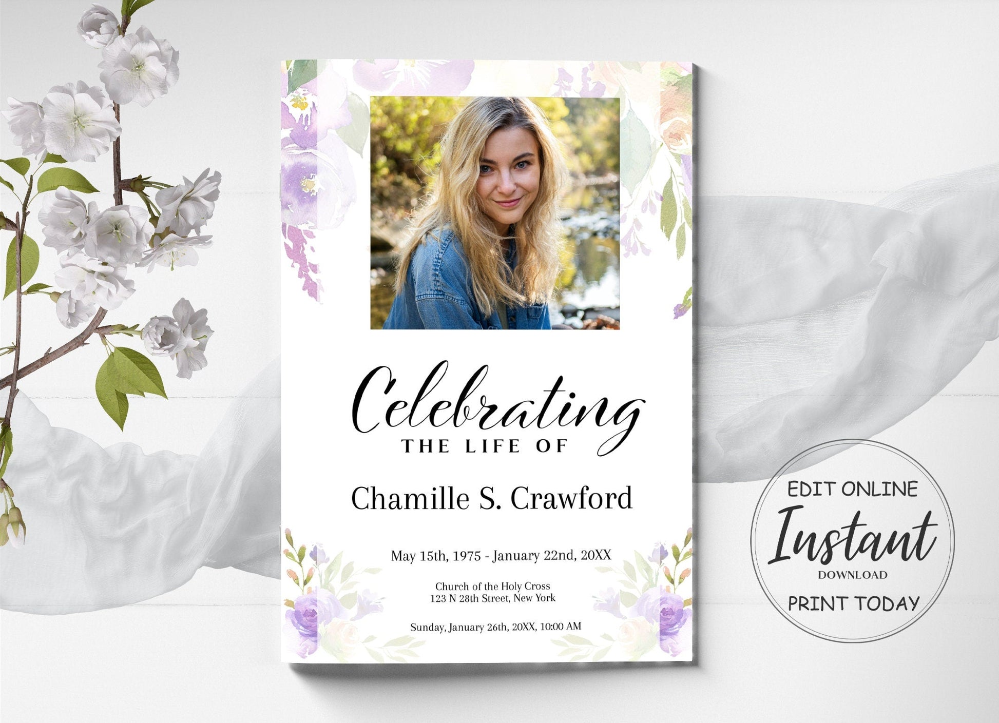 feminine funeral program template with celebrating life of text