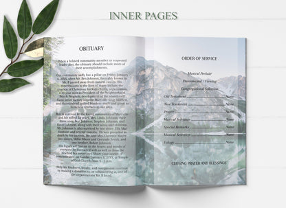 8 Page Funeral Program With Mountain Lake Scenery
