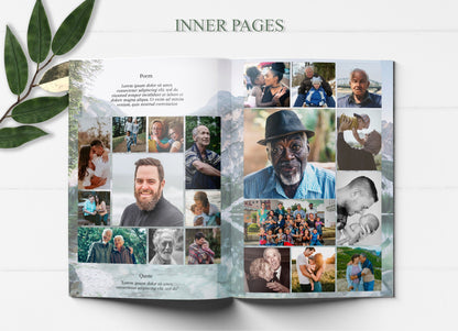 internal pages of funeral program template with photo collages and blue lake background