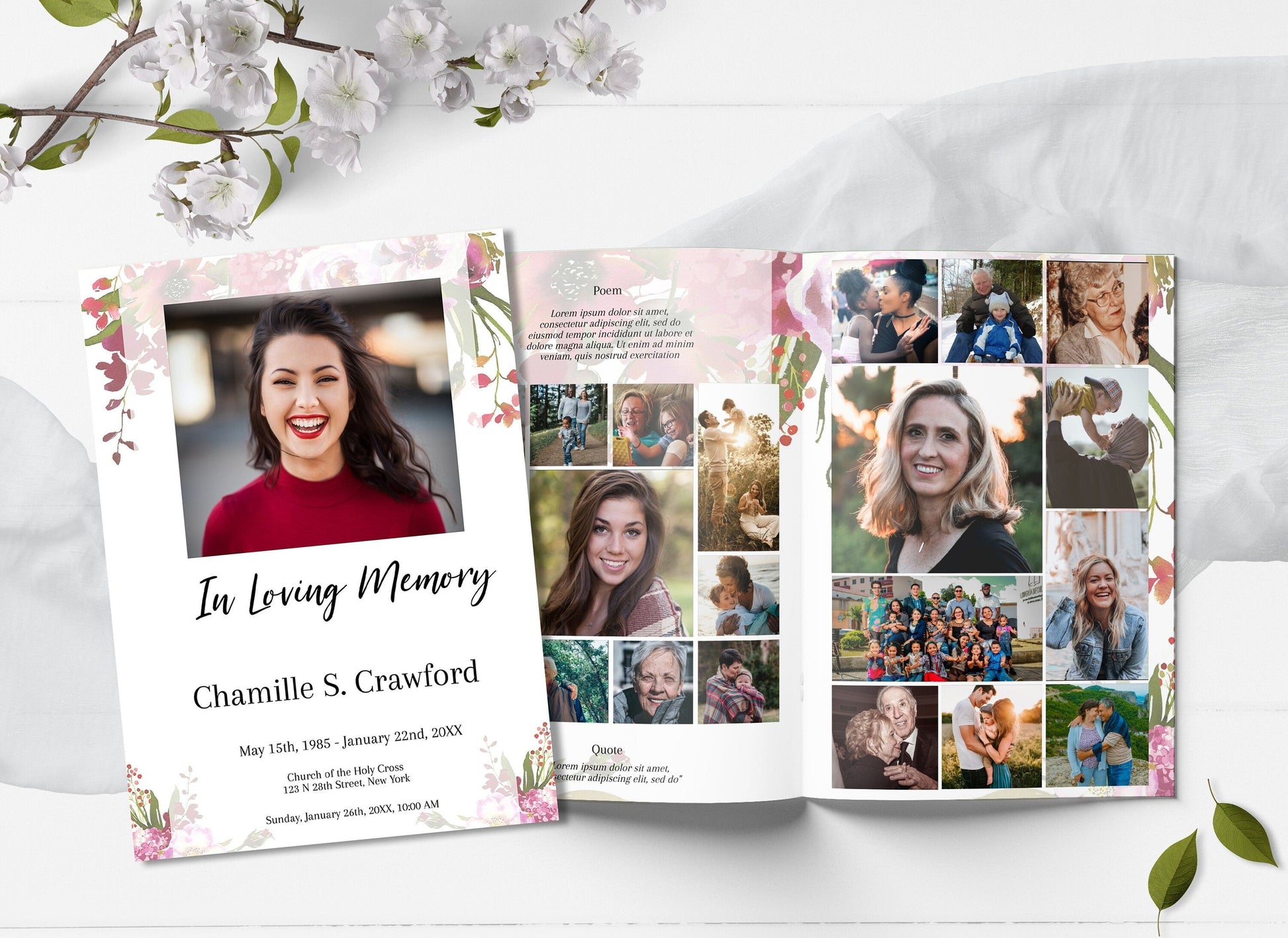 red floral funeral program templates with photo collage insert