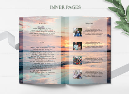 Yellow Ocean Sunset Themem Funeral Program Template - 8 Page