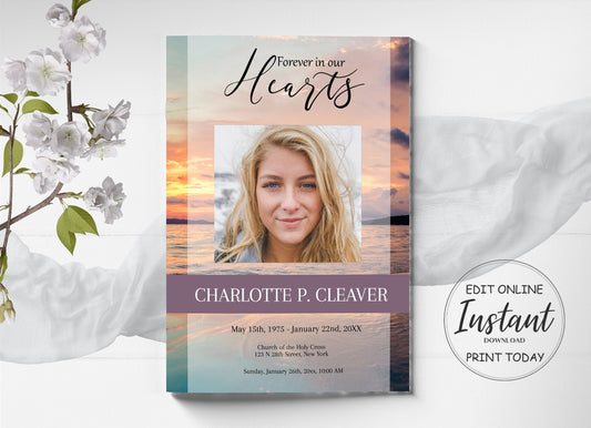 Orange Clouds Ocean Sunset Funeral Program Template - 8 Page