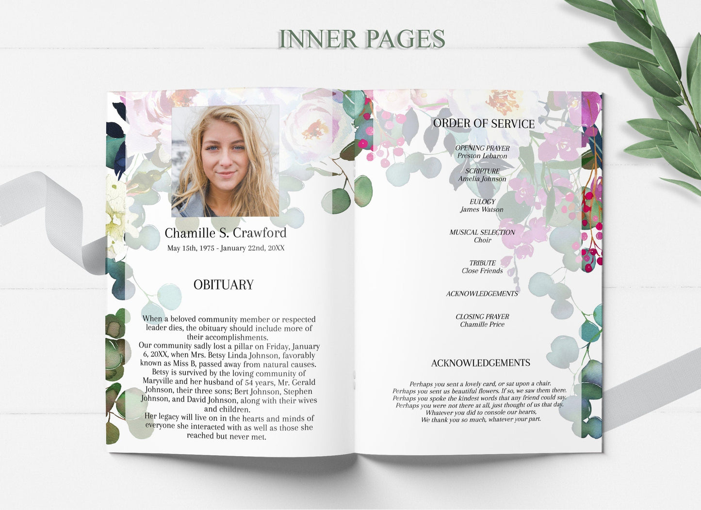 floral funeral program pamphlet with center photo on obituary page