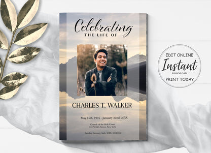 Mountain Lake Funeral Program Template for Man | Obituary Template to Honor Your Loved One | Celebration of Life Program Template |  A109