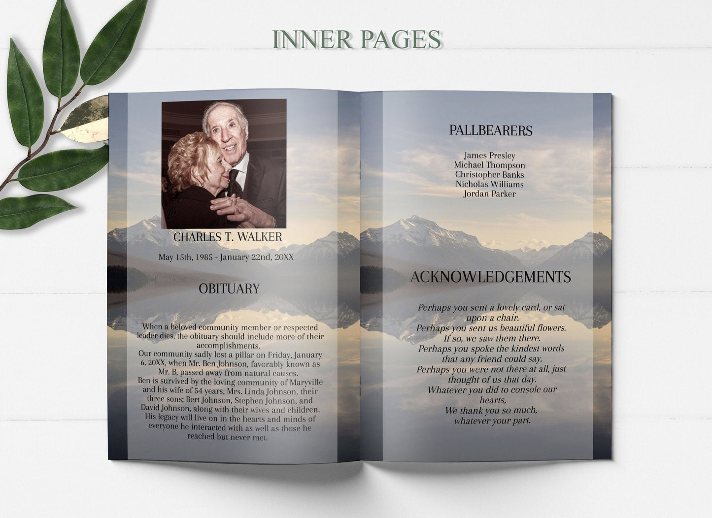 Mountain Lake Funeral Program Template for Man | Obituary Template to Honor Your Loved One | Celebration of Life Program Template |  A109