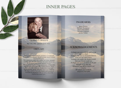 Mountain Lake Funeral Program Template for Man | Obituary Template to Honor Your Loved One | Celebration of Life Program Template |  A109