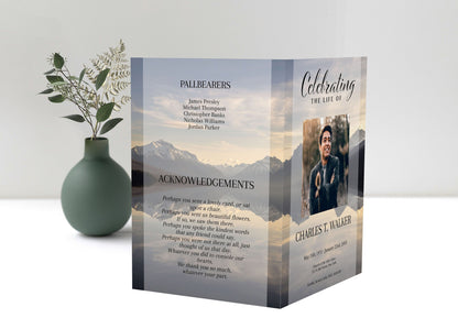 Mountain Lake Funeral Program Template for Man | Obituary Template to Honor Your Loved One | Celebration of Life Program Template |  A109