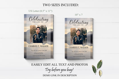 Mountain Lake Funeral Program Template for Man | Obituary Template to Honor Your Loved One | Celebration of Life Program Template |  A109