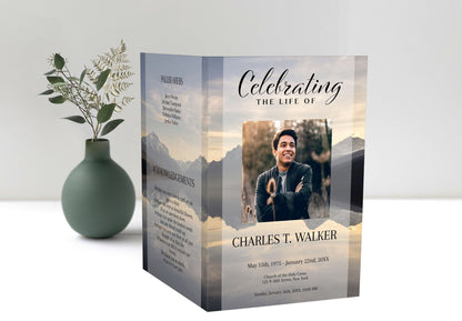 Mountain Lake Funeral Program Template for Man | Obituary Template to Honor Your Loved One | Celebration of Life Program Template |  A109