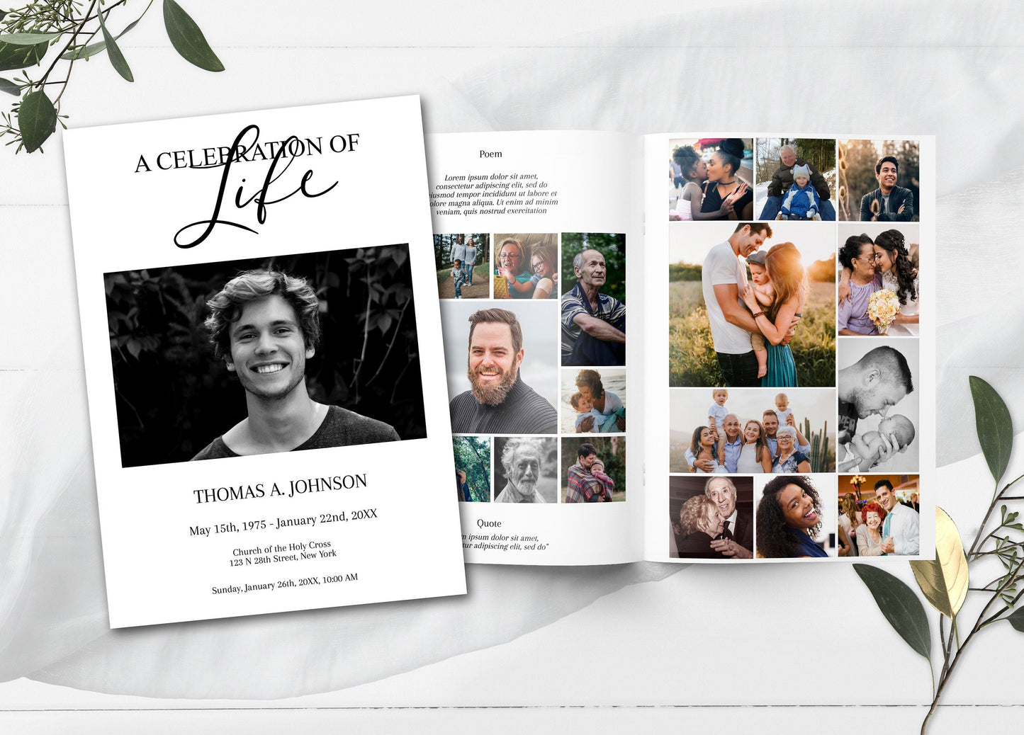 Simple black and white funeral program template example