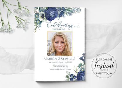 Blue Roses Funeral Program Template - Editable - 4 Page