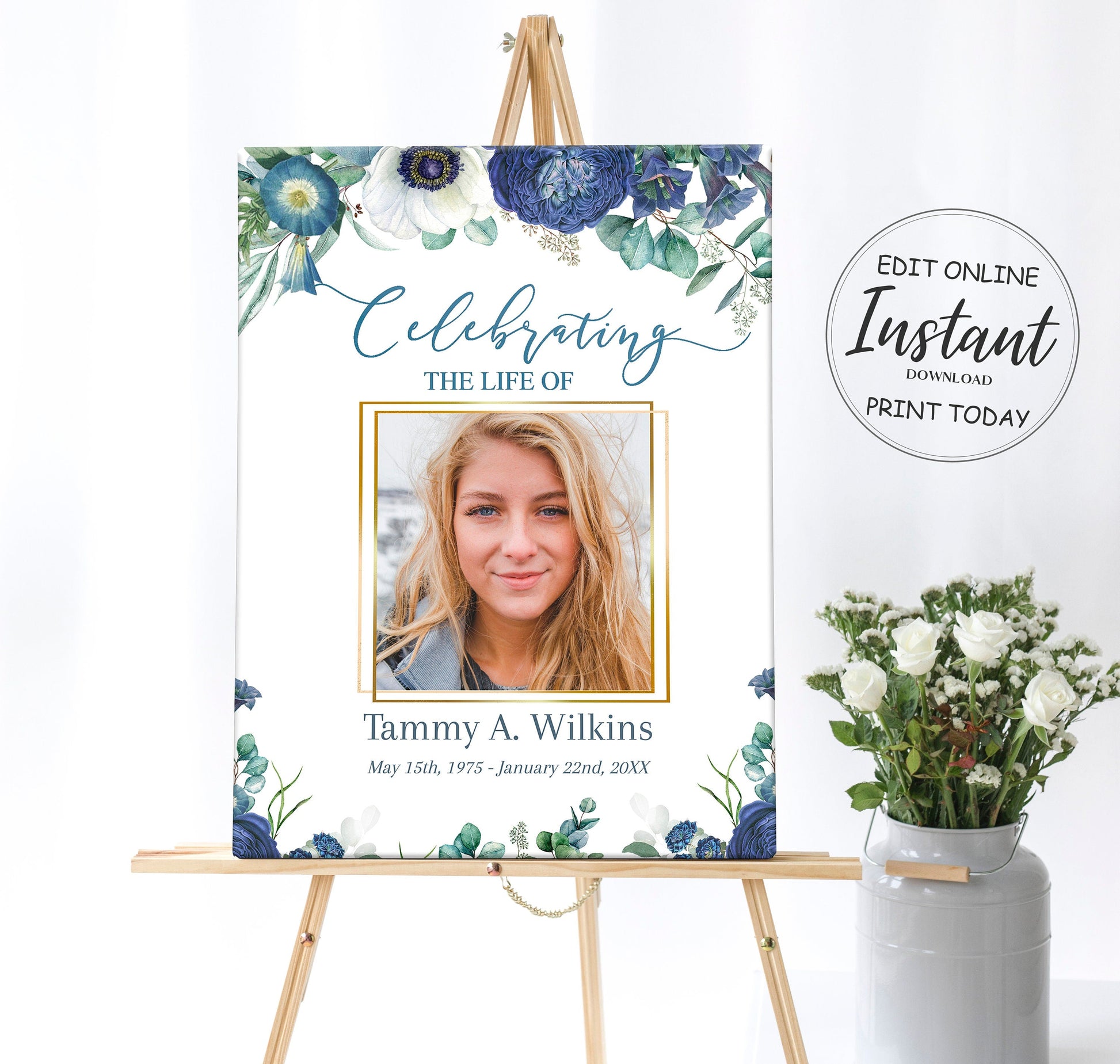 funeral poster template on display with blue roses