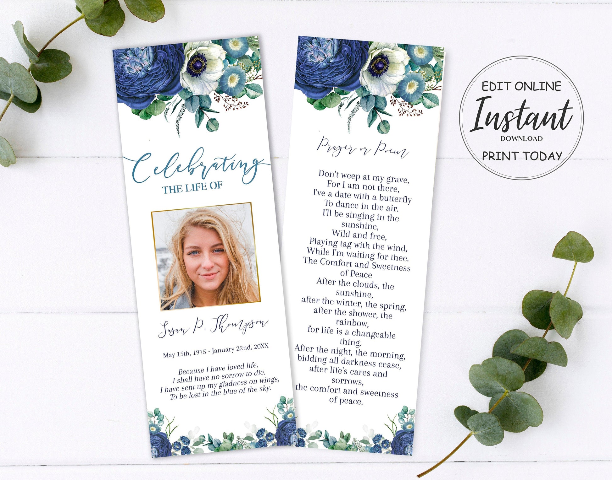 Navy blue floral funeral bookmark template edit online