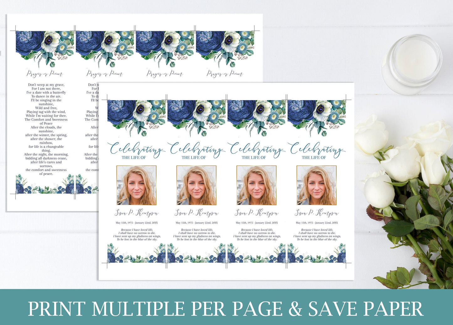 front and back of 4 funeral bookmark templates with navy blue roses