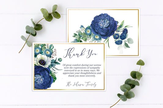Blue roses theme funeral thank you card template