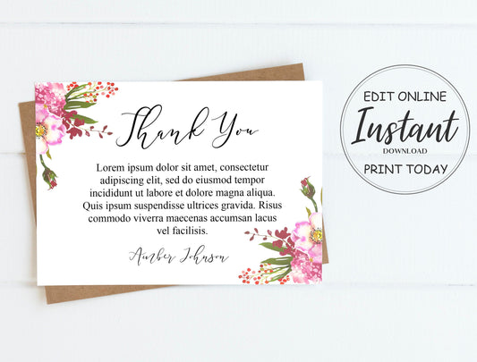 pink floral thank you card template designed for funerals