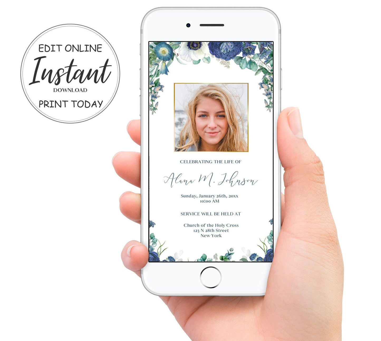 Blue flowers on digital funeral invitation on phone display